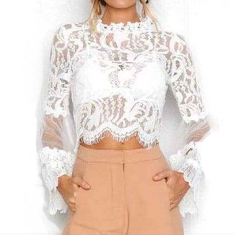 Lovesong Cropped Fitted Lace Bell Sleeve Bohemian Boho Ivory Blouse Top S